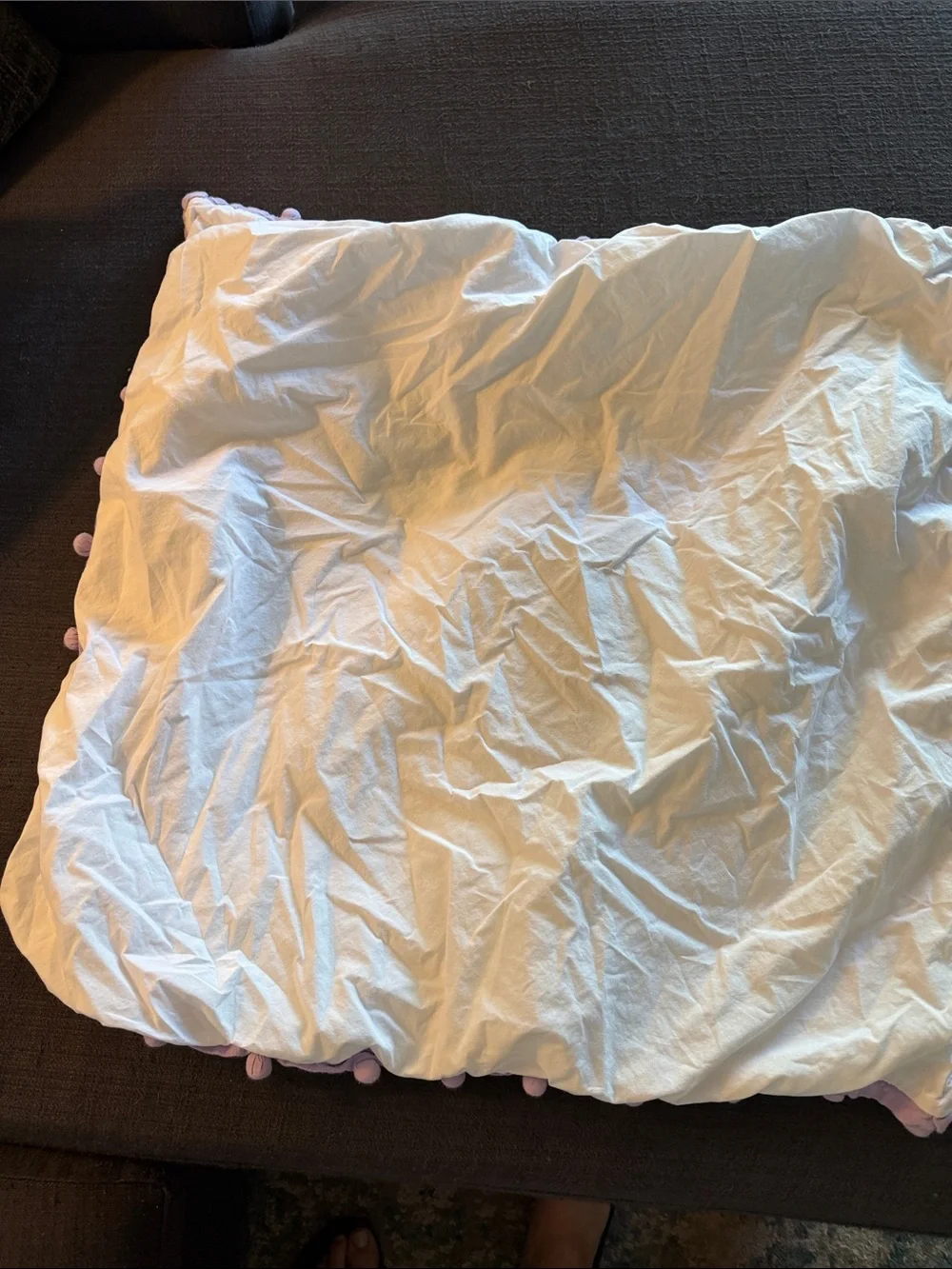 Pottery Barn Kids Full/Queen Duvet Cover - White with Lilac Pom Pom Trim